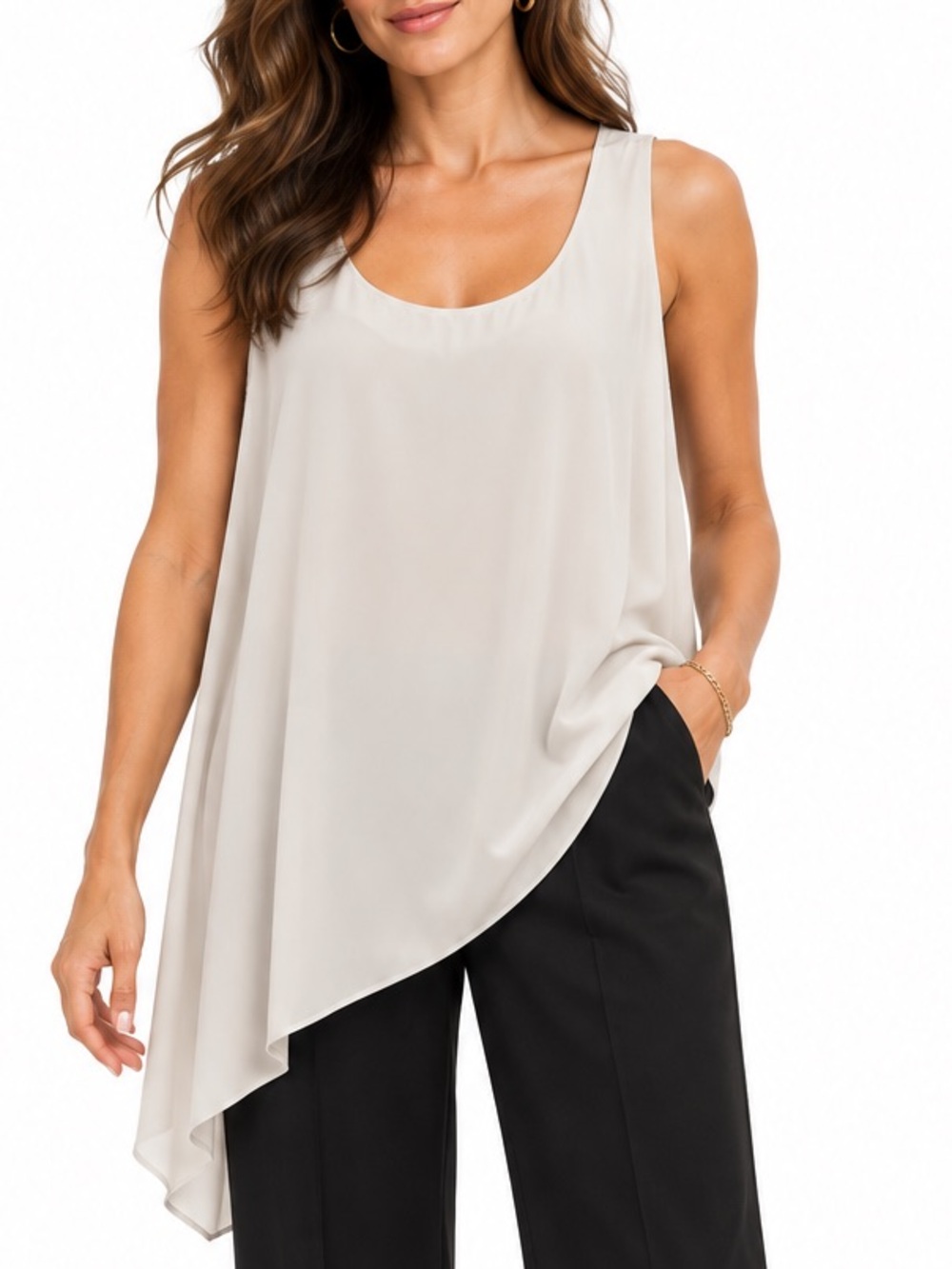 Eileen Fisher 100% Silk Side Drape Shell Tank Asymmetrical Ivory-Stone Size L